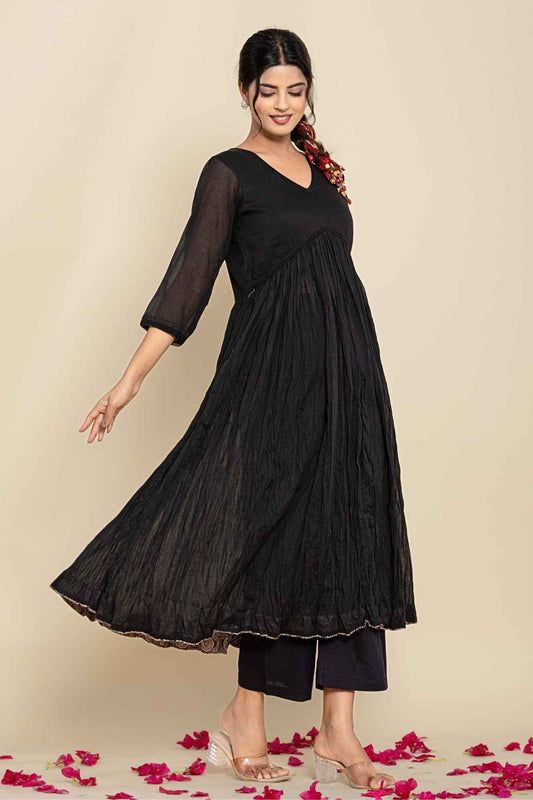 (Set of 2) Naksh Black Cotton Gathered Kurta And Pants