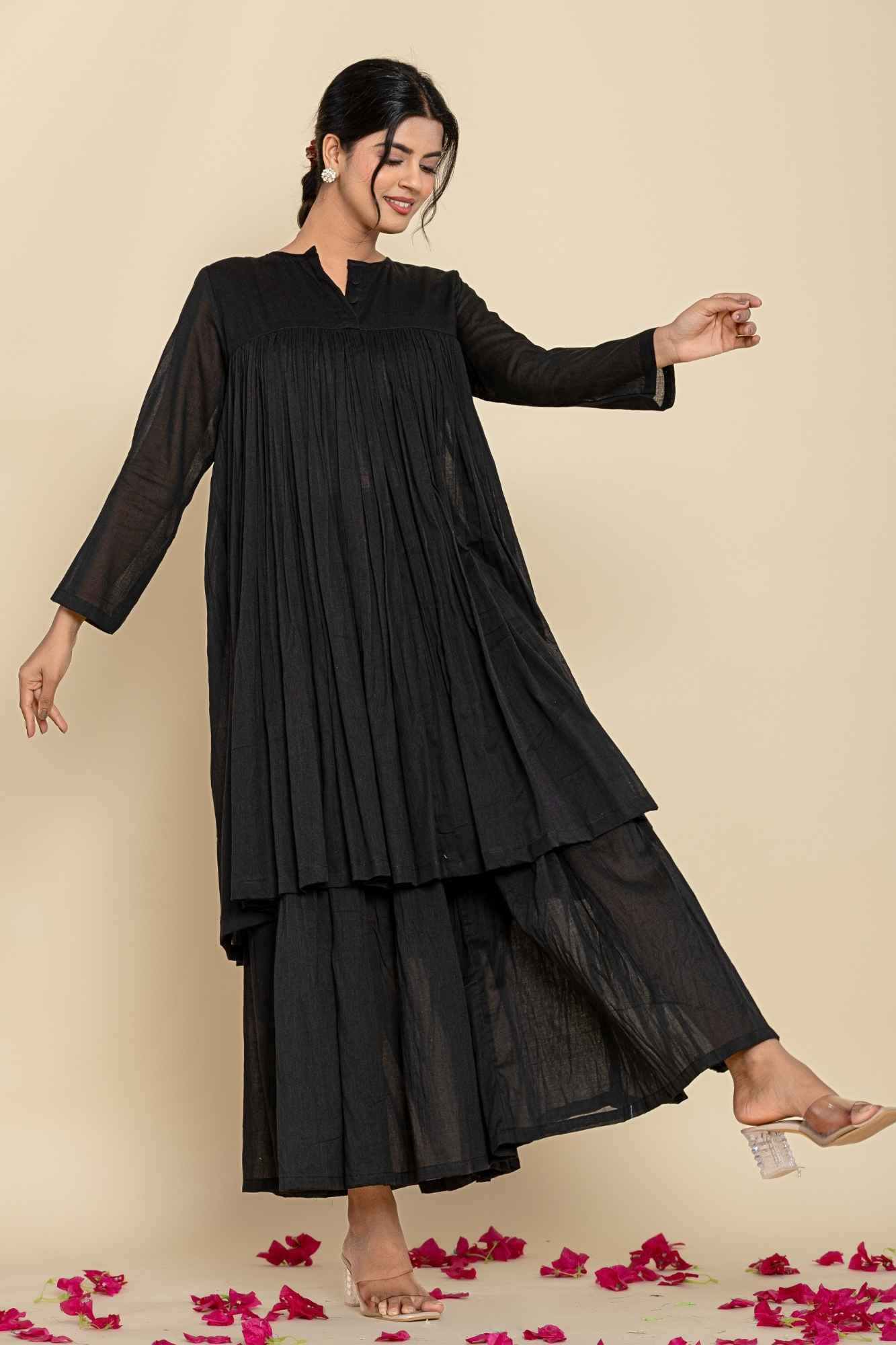 (Set of 2) Naksh Black Solid Voile Gathered Kurta And Sharara