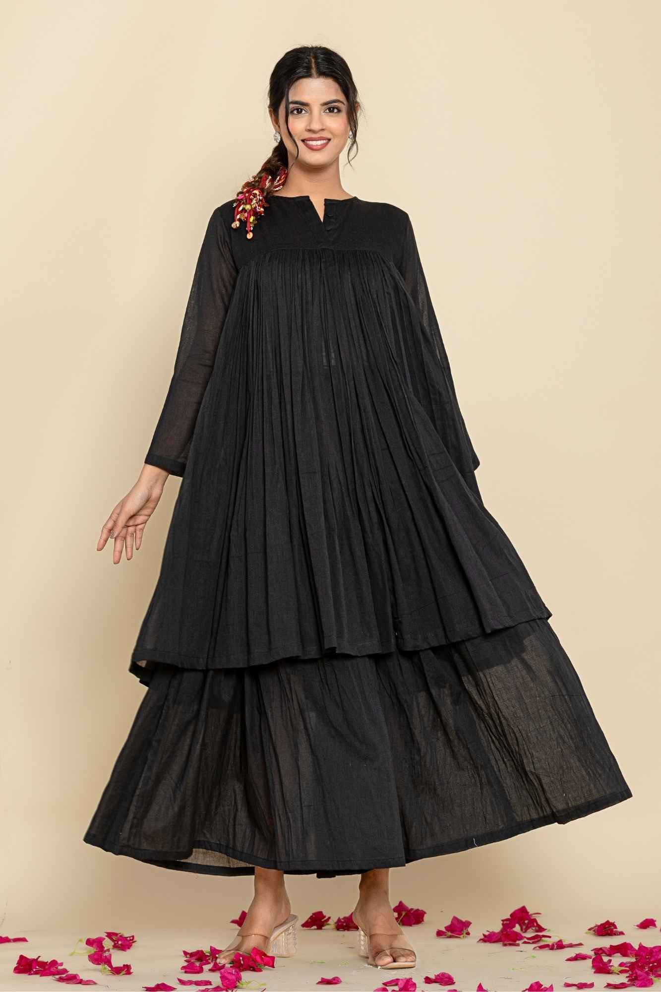 (Set of 2) Naksh Black Solid Voile Gathered Kurta And Sharara