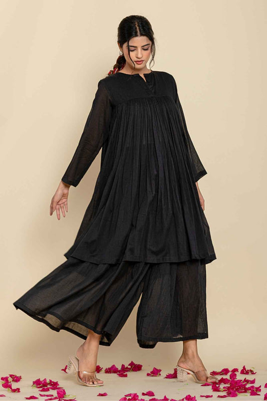 (Set of 2) Naksh Black Solid Voile Gathered Kurta And Sharara