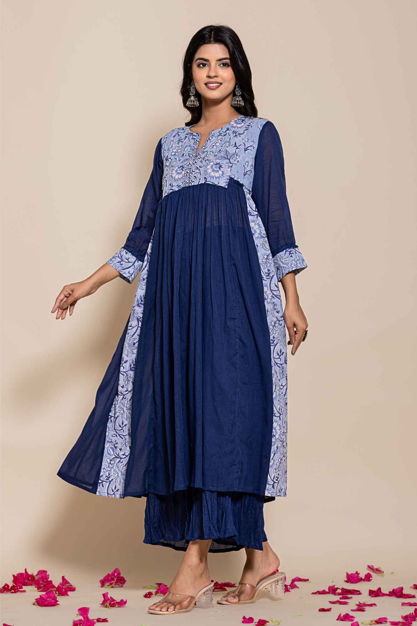 (Set of 2) Naksh Blue Cotton Voile Gathered Kurta with Sharara