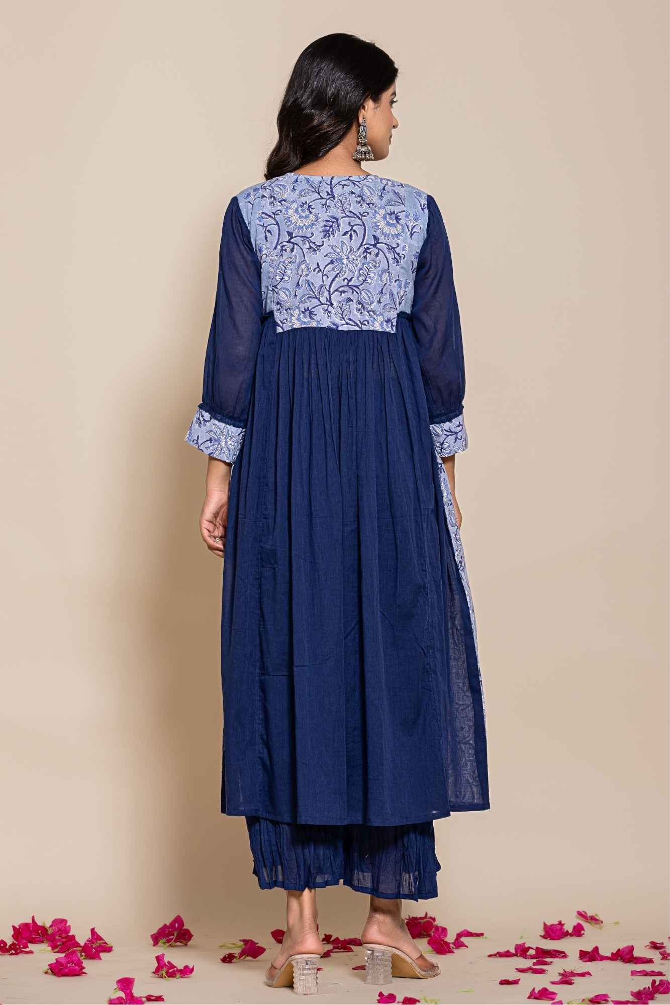 (Set of 2) Naksh Blue Cotton Voile Gathered Kurta with Sharara