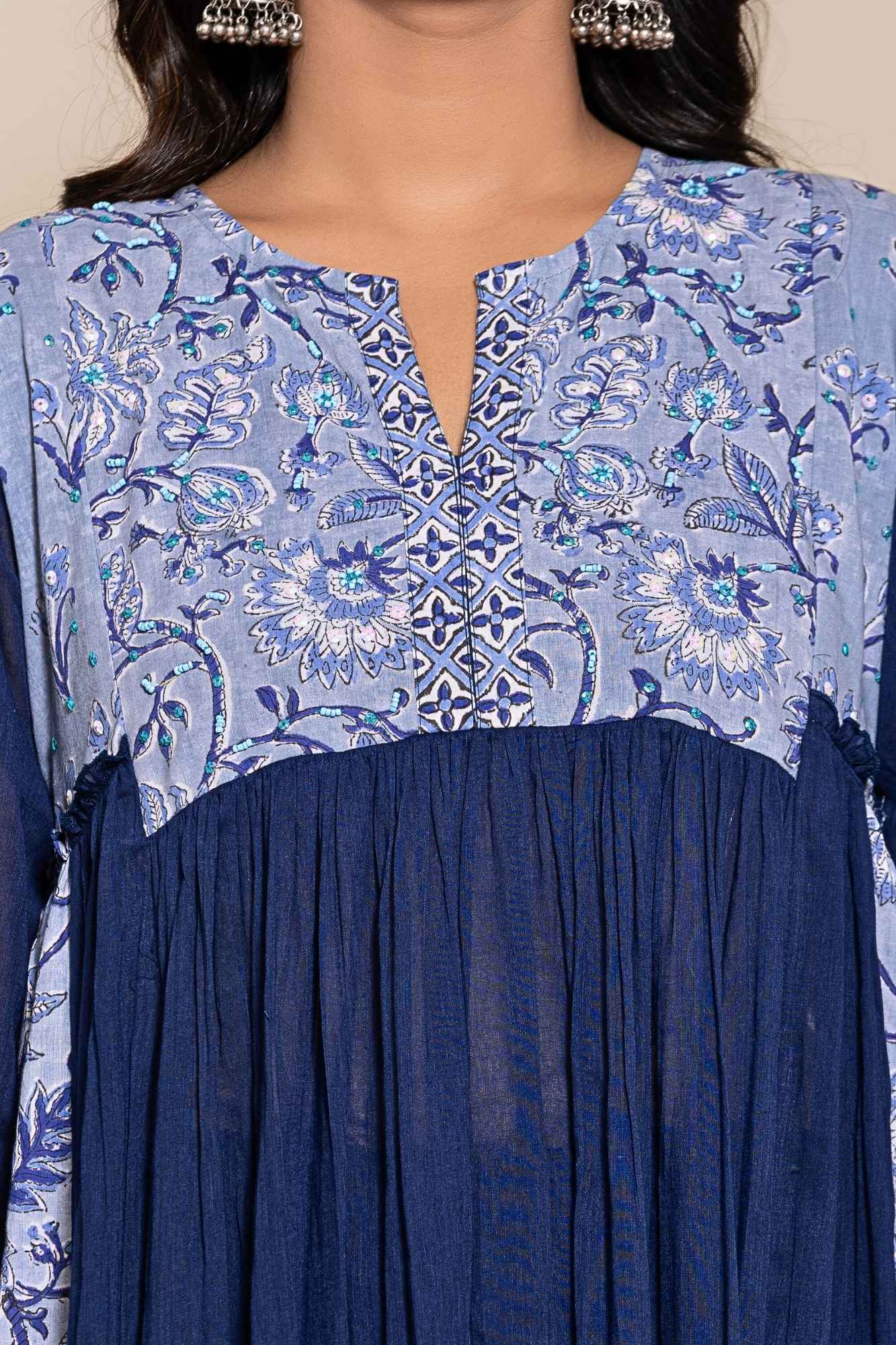 (Set of 2) Naksh Blue Cotton Voile Gathered Kurta with Sharara