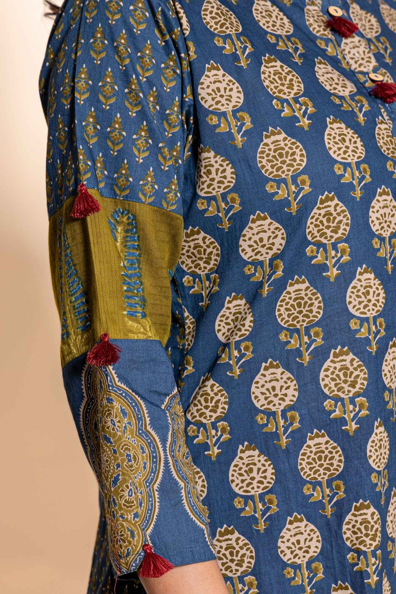 (Set of 2) Naksh Blue Cotton Straight Printed Kurta and Maroon Pants