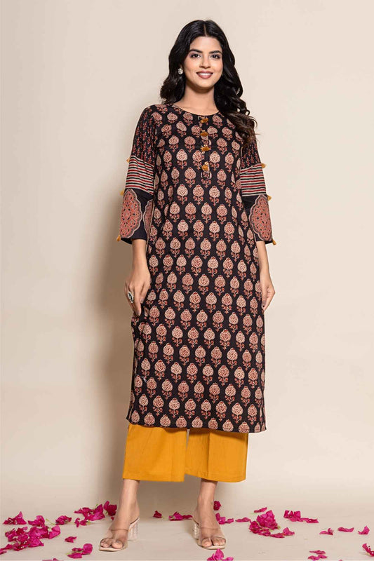 (Set of 2) Naksh Black Cotton Straight Printed Kurta and Yellow Pants